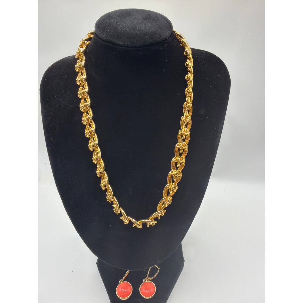Napier Gold Tone Chunky Link Necklace and Coral Cabochon Drop Earring Set